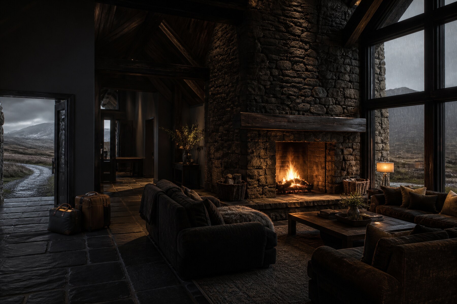 The firelit great room at Highland Bothy Nights